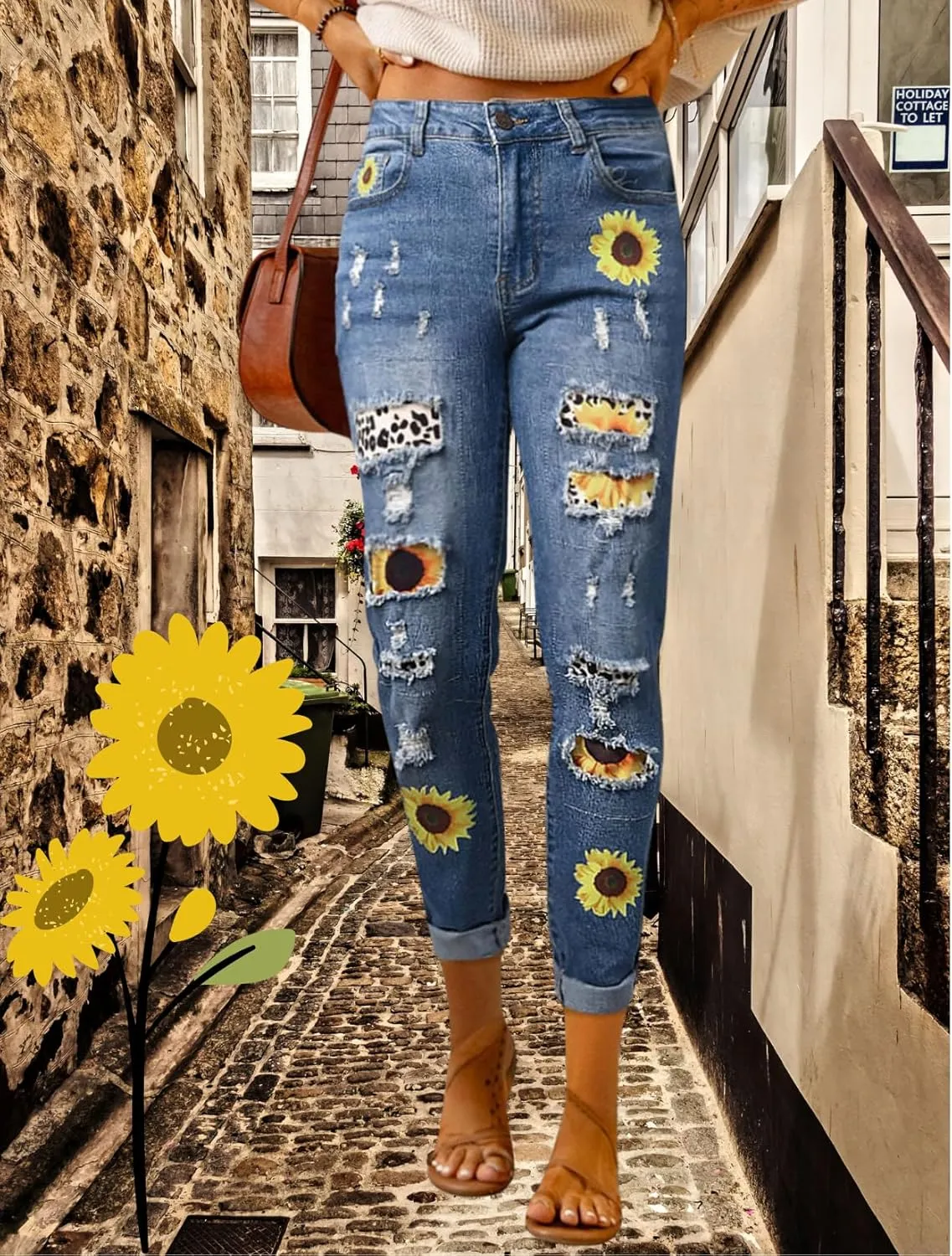 Plus Size Boyfriend Jeans for Women Trendy Cowboy Patch Work Distressed Jeans Casual Baggy Ripped Bling Blue Pants