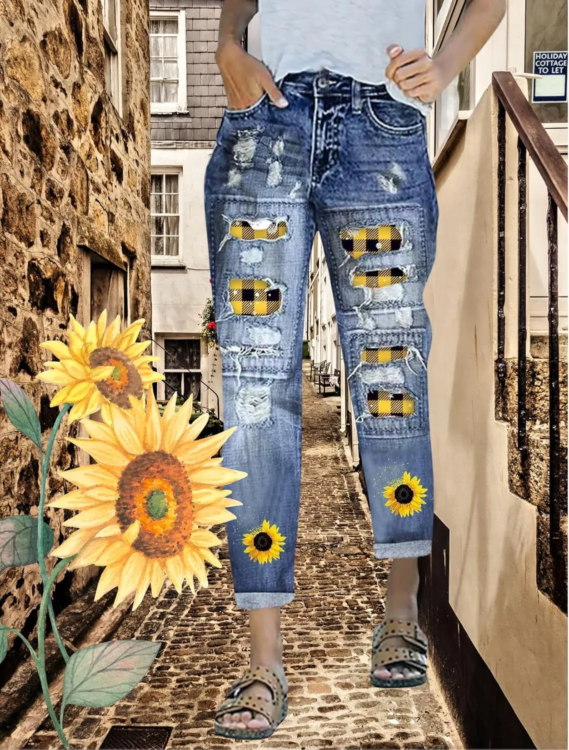 Plus Size Boyfriend Jeans for Women Trendy Cowboy Patch Work Distressed Jeans Casual Baggy Ripped Bling Blue Pants