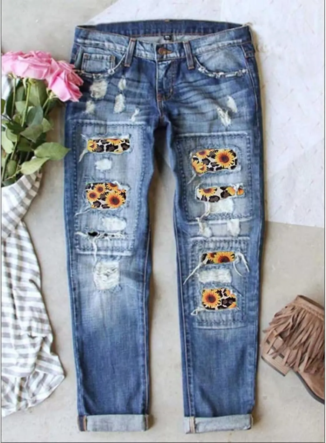 Plus Size Boyfriend Jeans for Women Trendy Cowboy Patch Work Distressed Jeans Casual Baggy Ripped Bling Blue Pants