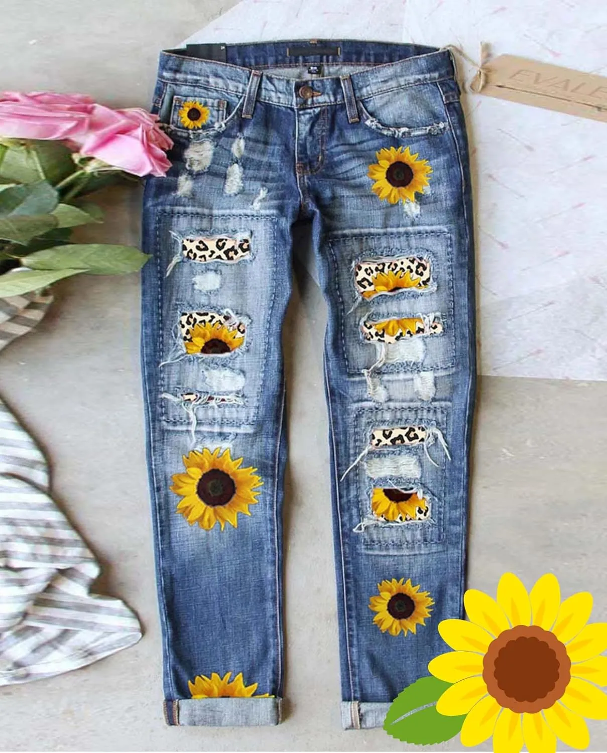 Plus Size Boyfriend Jeans for Women Trendy Cowboy Patch Work Distressed Jeans Casual Baggy Ripped Bling Blue Pants