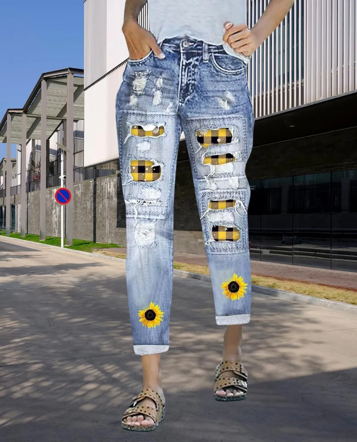 Plus Size Boyfriend Jeans for Women Trendy Cowboy Patch Work Distressed Jeans Casual Baggy Ripped Bling Blue Pants