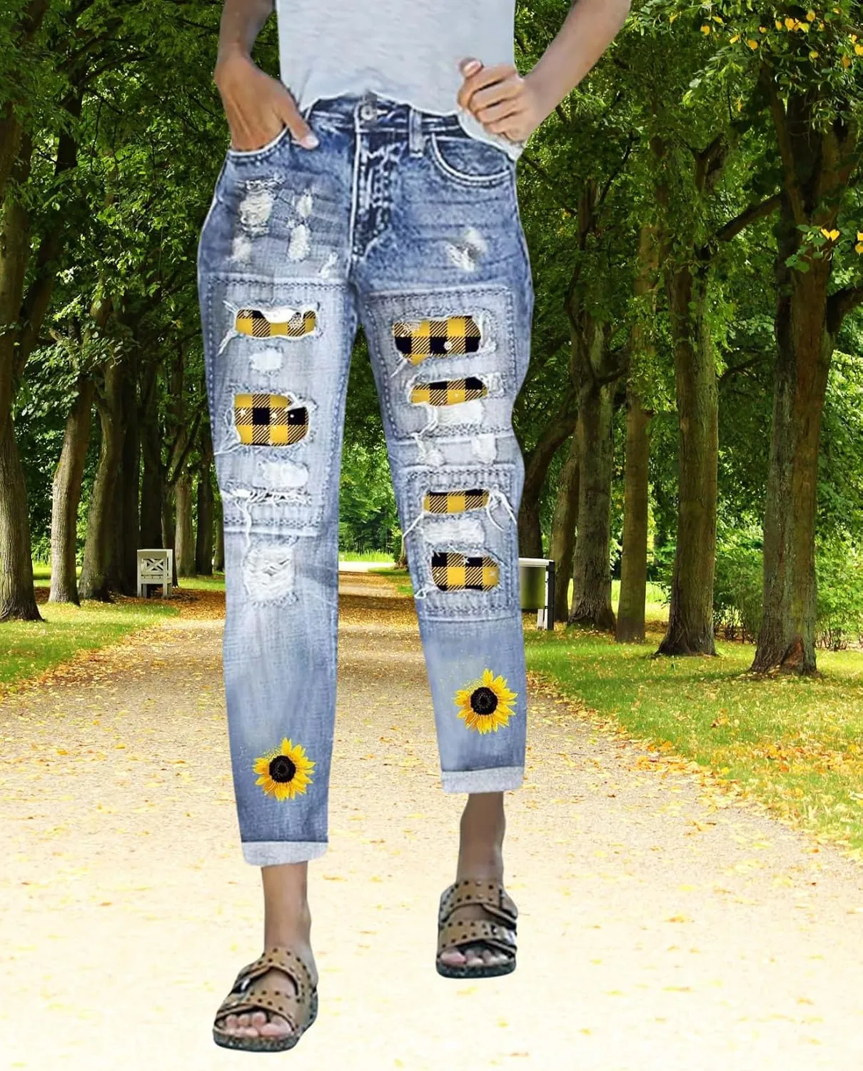 Plus Size Boyfriend Jeans for Women Trendy Cowboy Patch Work Distressed Jeans Casual Baggy Ripped Bling Blue Pants