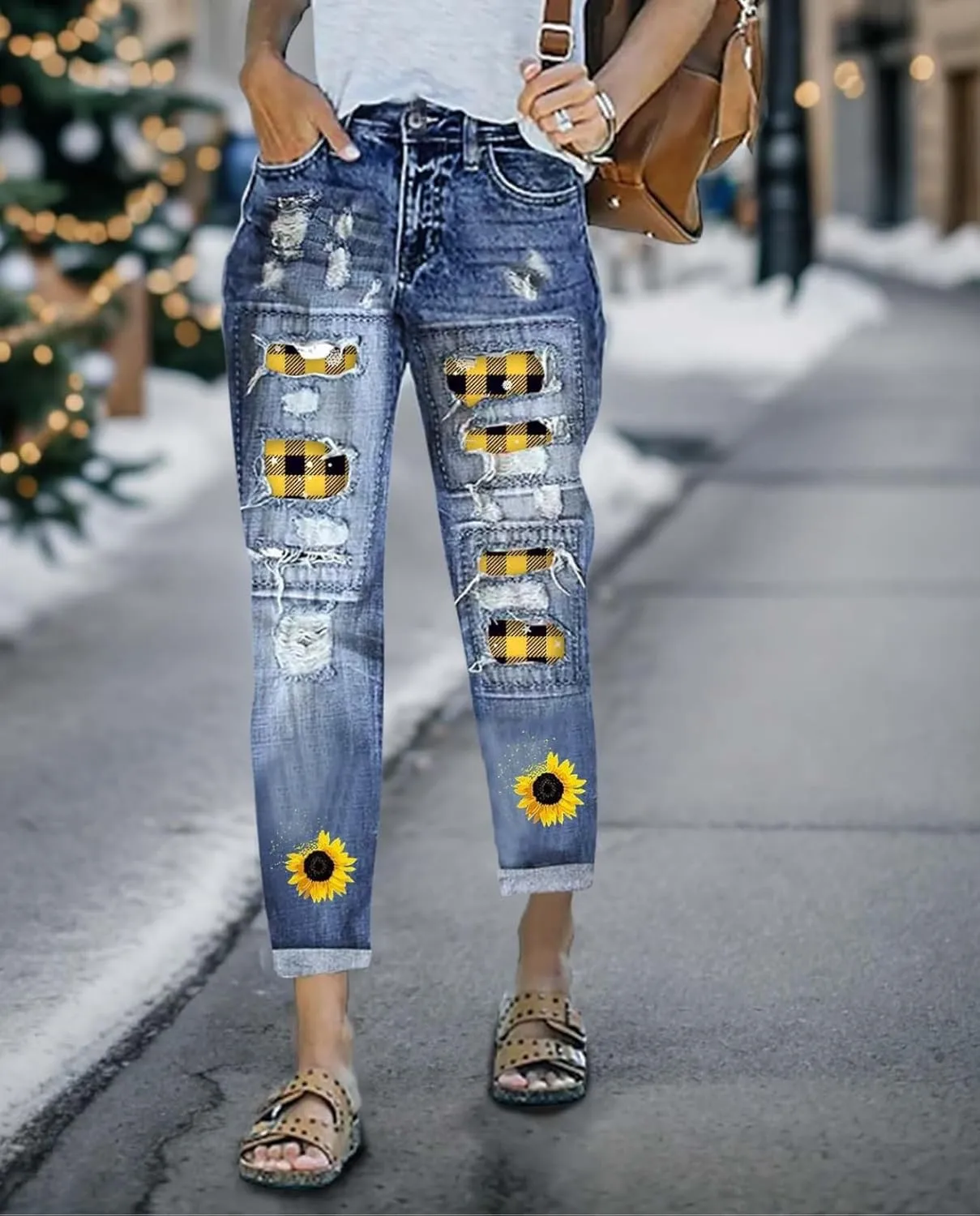 Plus Size Boyfriend Jeans for Women Trendy Cowboy Patch Work Distressed Jeans Casual Baggy Ripped Bling Blue Pants