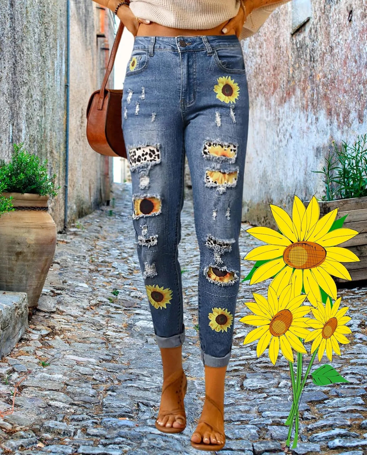 Plus Size Boyfriend Jeans for Women Trendy Cowboy Patch Work Distressed Jeans Casual Baggy Ripped Bling Blue Pants