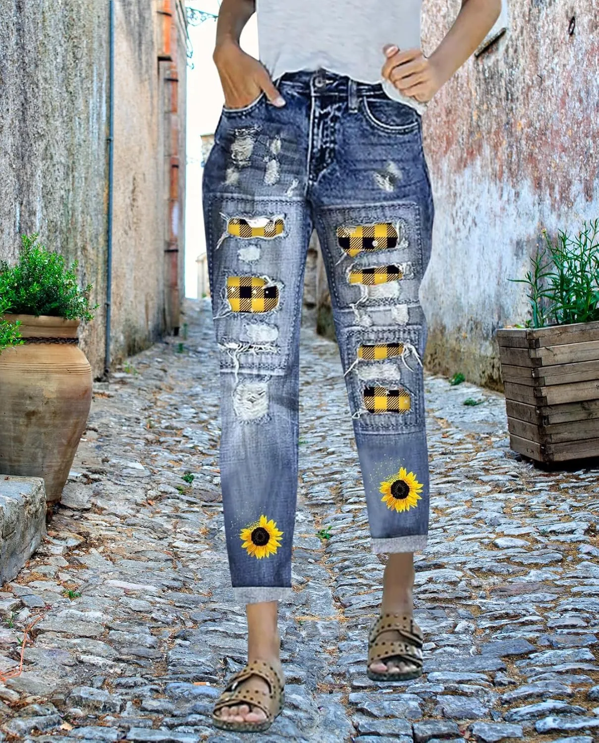 Plus Size Boyfriend Jeans for Women Trendy Cowboy Patch Work Distressed Jeans Casual Baggy Ripped Bling Blue Pants