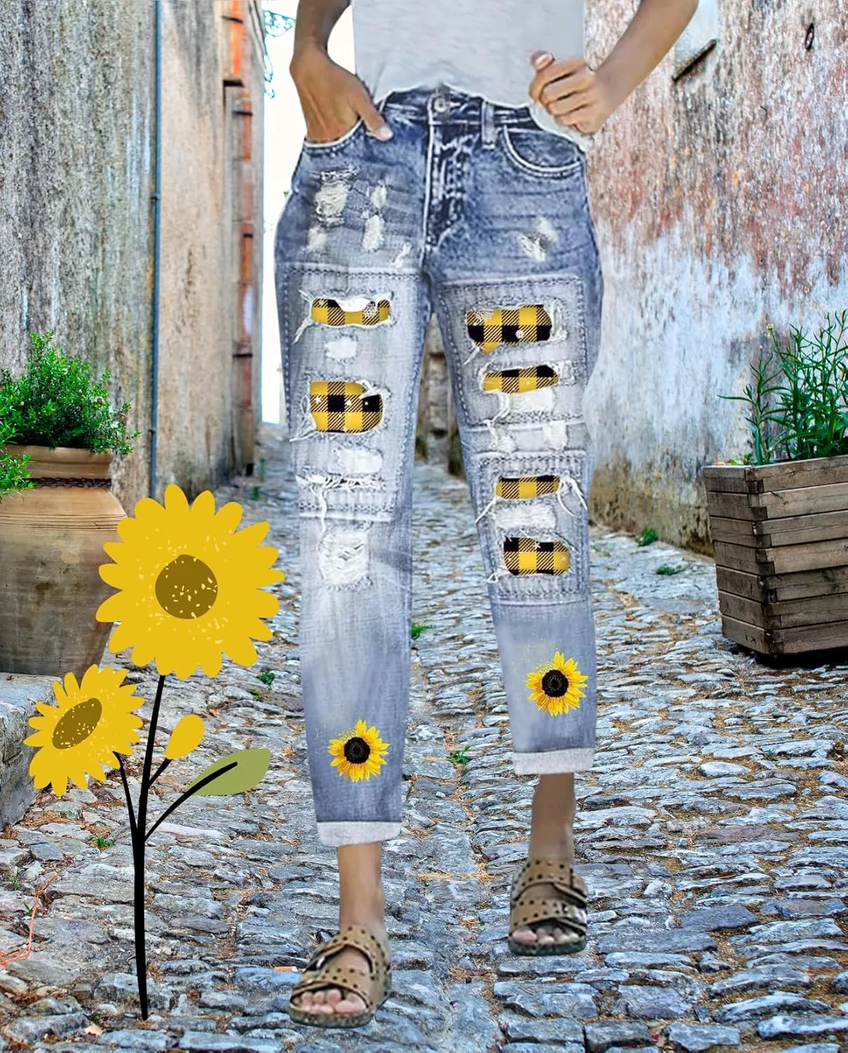 Plus Size Boyfriend Jeans for Women Trendy Cowboy Patch Work Distressed Jeans Casual Baggy Ripped Bling Blue Pants
