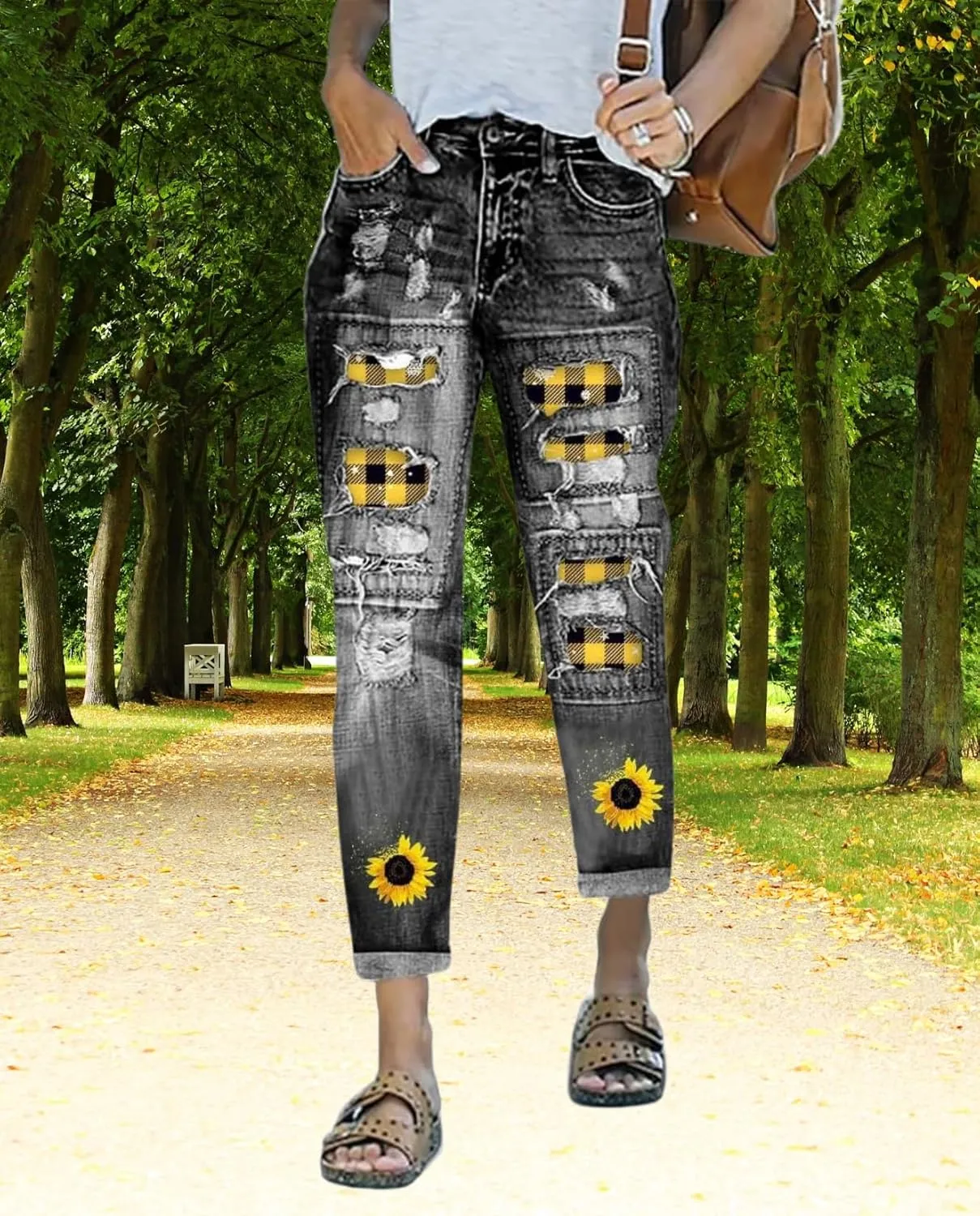Plus Size Boyfriend Jeans for Women Trendy Cowboy Patch Work Distressed Jeans Casual Baggy Ripped Bling Blue Pants