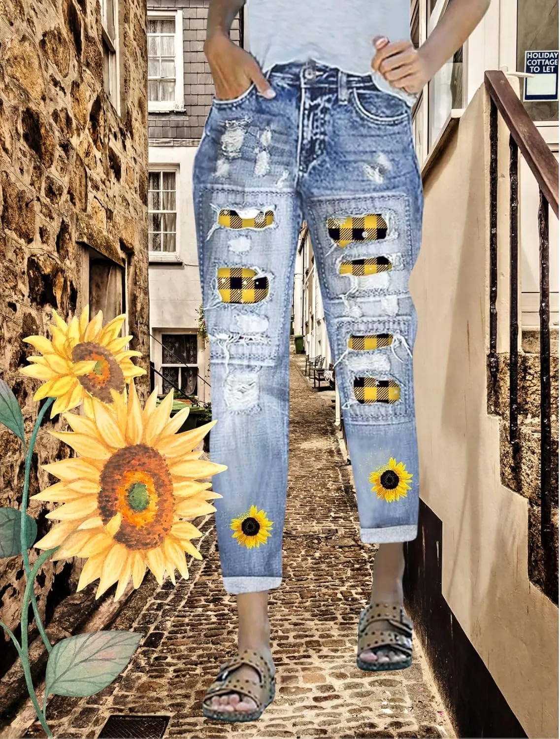 Plus Size Boyfriend Jeans for Women Trendy Cowboy Patch Work Distressed Jeans Casual Baggy Ripped Bling Blue Pants