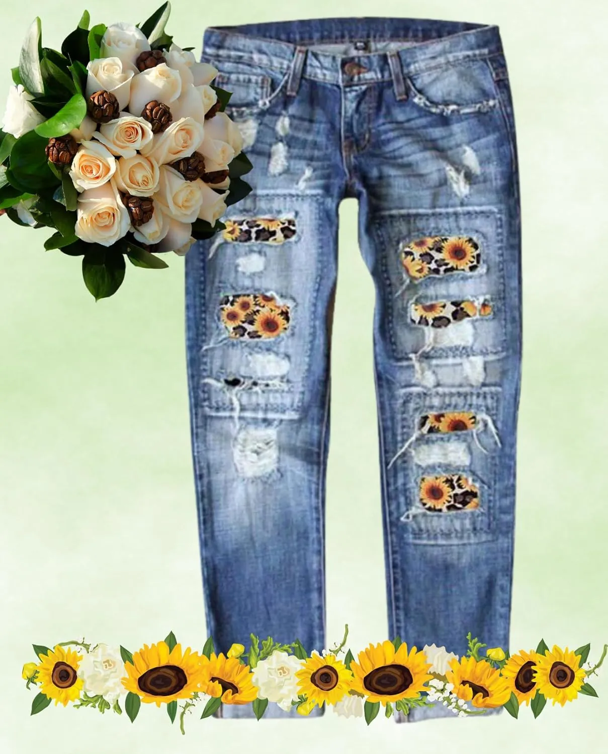 Plus Size Boyfriend Jeans for Women Trendy Cowboy Patch Work Distressed Jeans Casual Baggy Ripped Bling Blue Pants