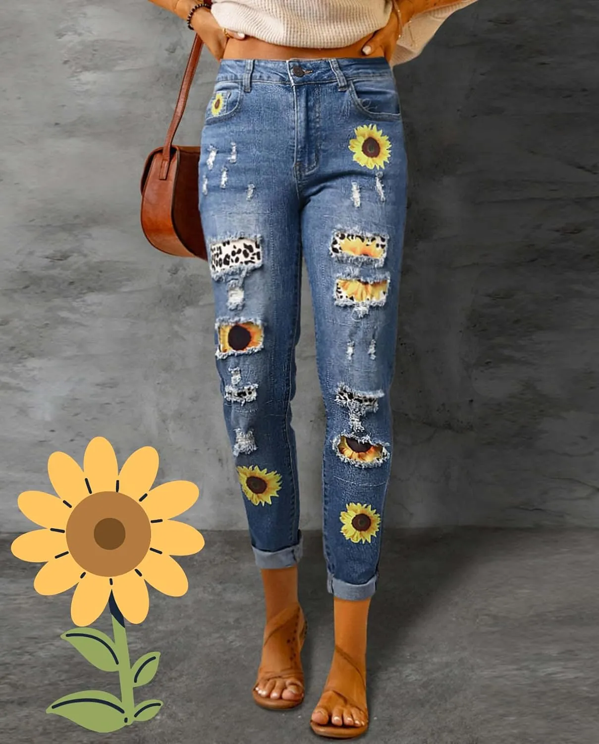 Plus Size Boyfriend Jeans for Women Trendy Cowboy Patch Work Distressed Jeans Casual Baggy Ripped Bling Blue Pants