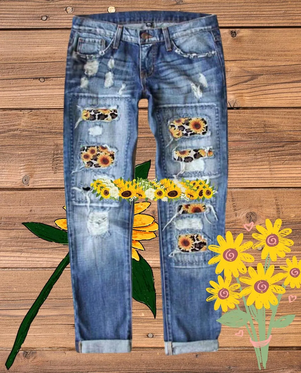 Plus Size Boyfriend Jeans for Women Trendy Cowboy Patch Work Distressed Jeans Casual Baggy Ripped Bling Blue Pants