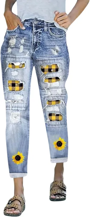 Plus Size Boyfriend Jeans for Women Trendy Cowboy Patch Work Distressed Jeans Casual Baggy Ripped Bling Blue Pants