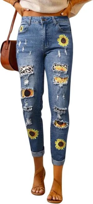 Plus Size Boyfriend Jeans for Women Trendy Cowboy Patch Work Distressed Jeans Casual Baggy Ripped Bling Blue Pants
