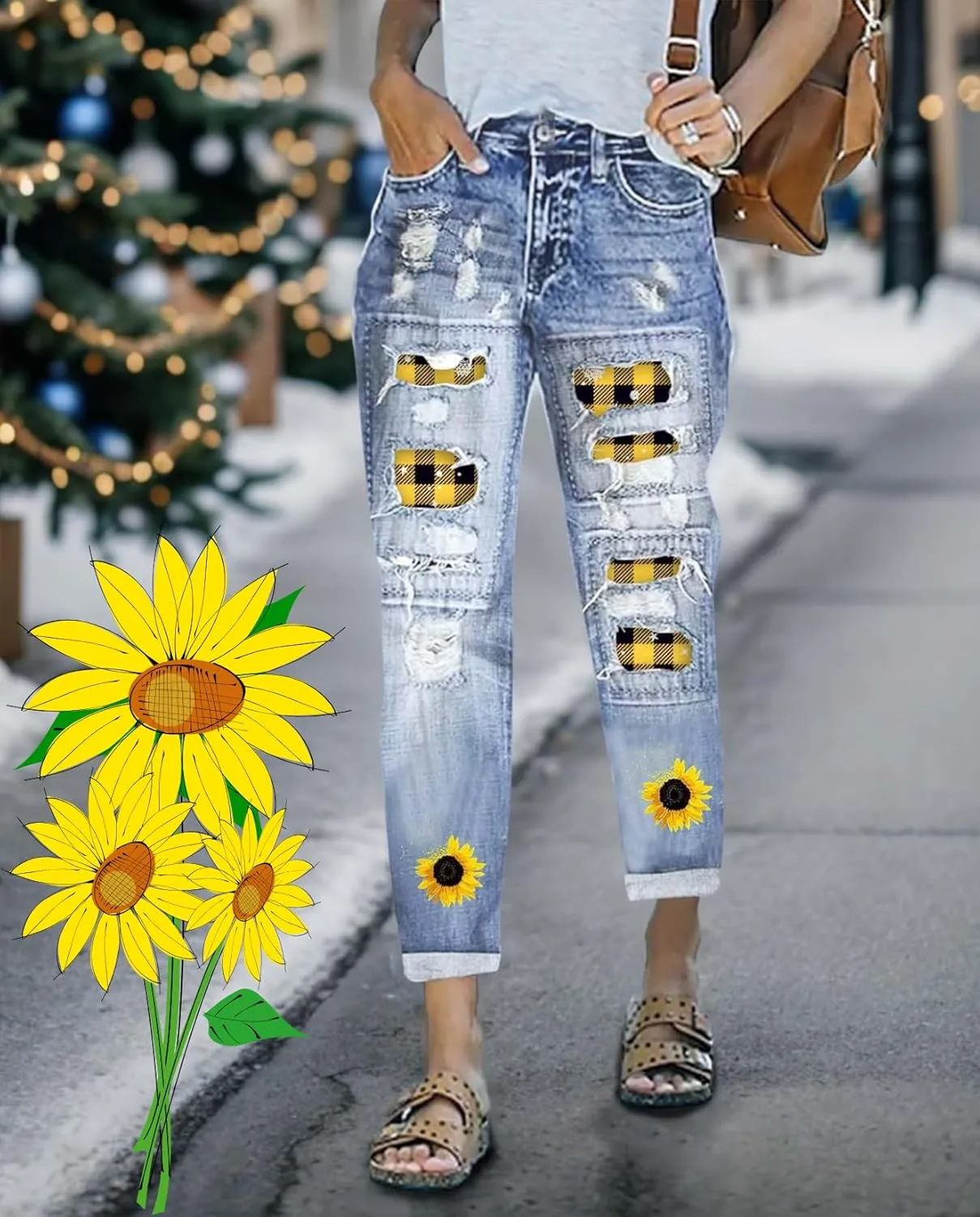 Plus Size Boyfriend Jeans for Women Trendy Cowboy Patch Work Distressed Jeans Casual Baggy Ripped Bling Blue Pants