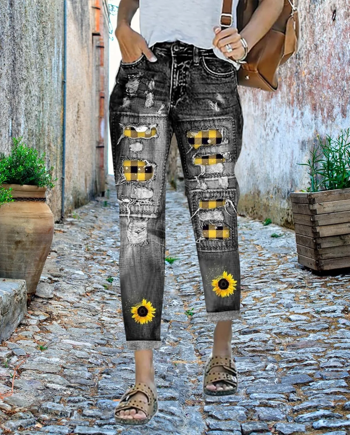 Plus Size Boyfriend Jeans for Women Trendy Cowboy Patch Work Distressed Jeans Casual Baggy Ripped Bling Blue Pants