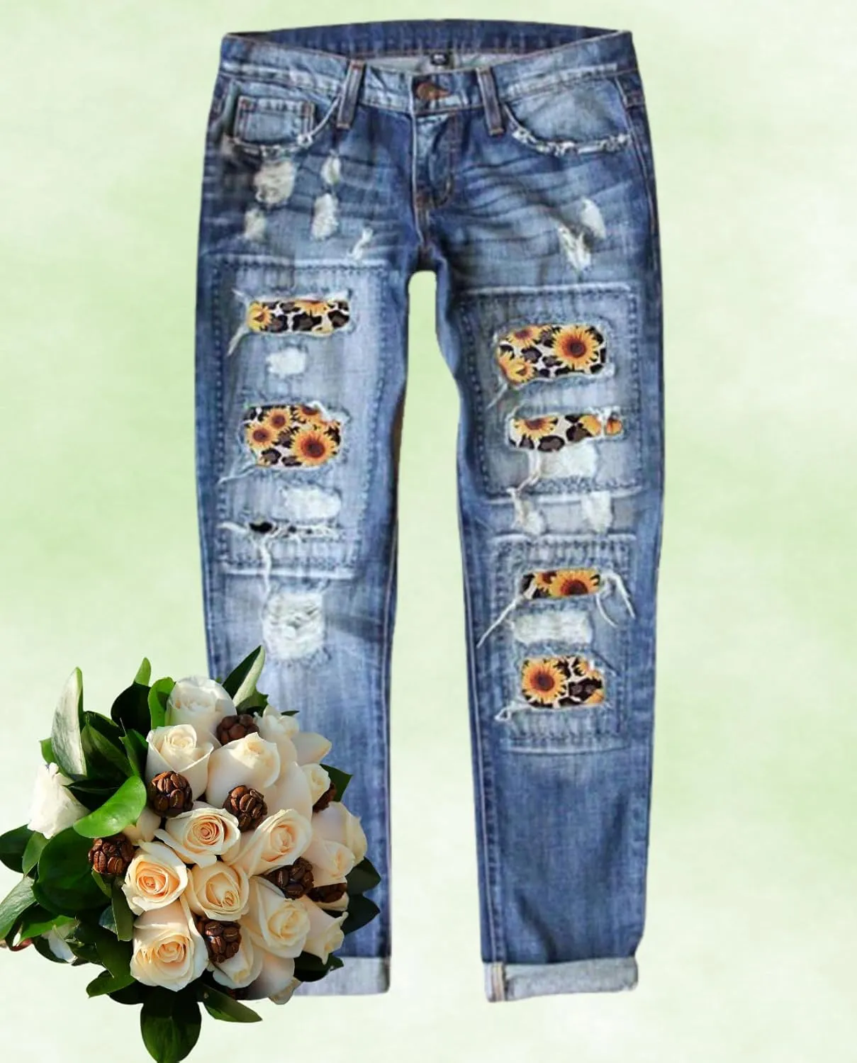 Plus Size Boyfriend Jeans for Women Trendy Cowboy Patch Work Distressed Jeans Casual Baggy Ripped Bling Blue Pants
