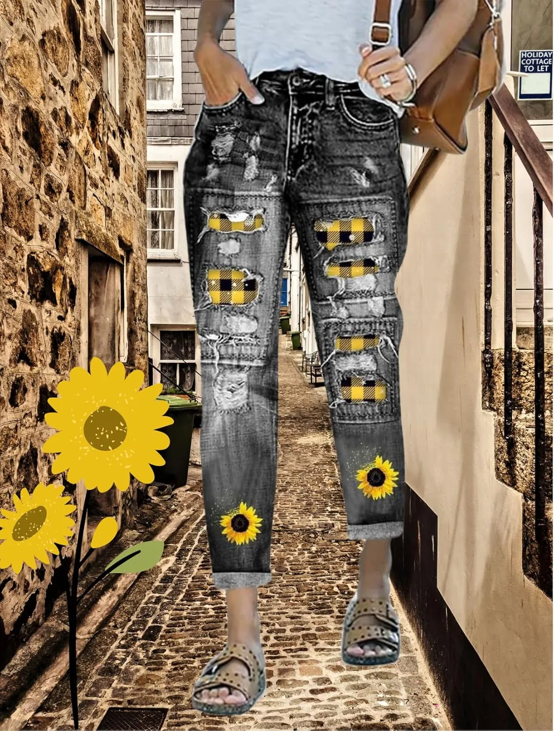 Plus Size Boyfriend Jeans for Women Trendy Cowboy Patch Work Distressed Jeans Casual Baggy Ripped Bling Blue Pants