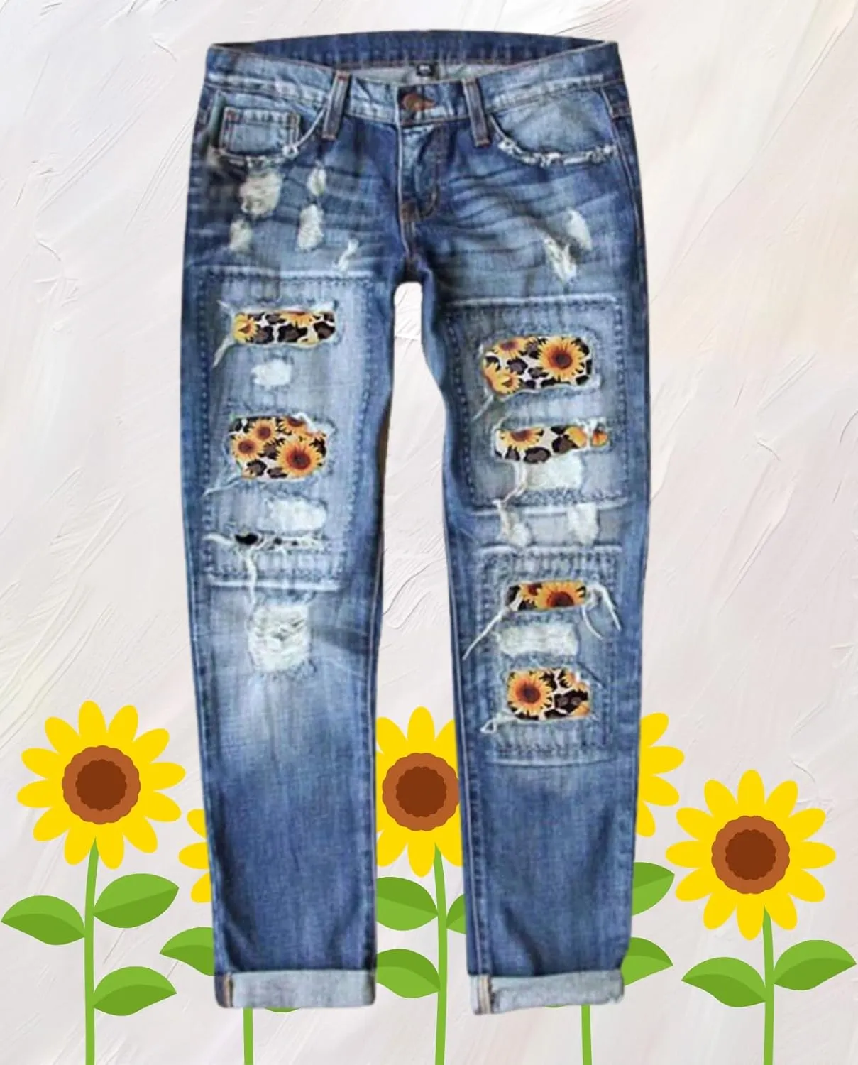 Plus Size Boyfriend Jeans for Women Trendy Cowboy Patch Work Distressed Jeans Casual Baggy Ripped Bling Blue Pants