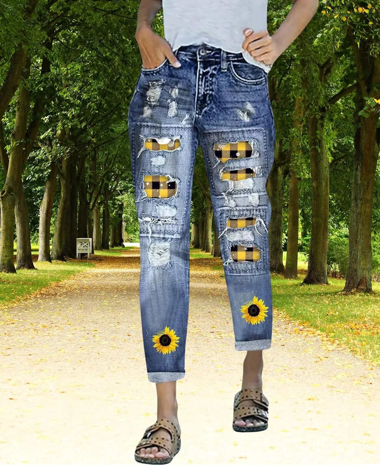 Plus Size Boyfriend Jeans for Women Trendy Cowboy Patch Work Distressed Jeans Casual Baggy Ripped Bling Blue Pants