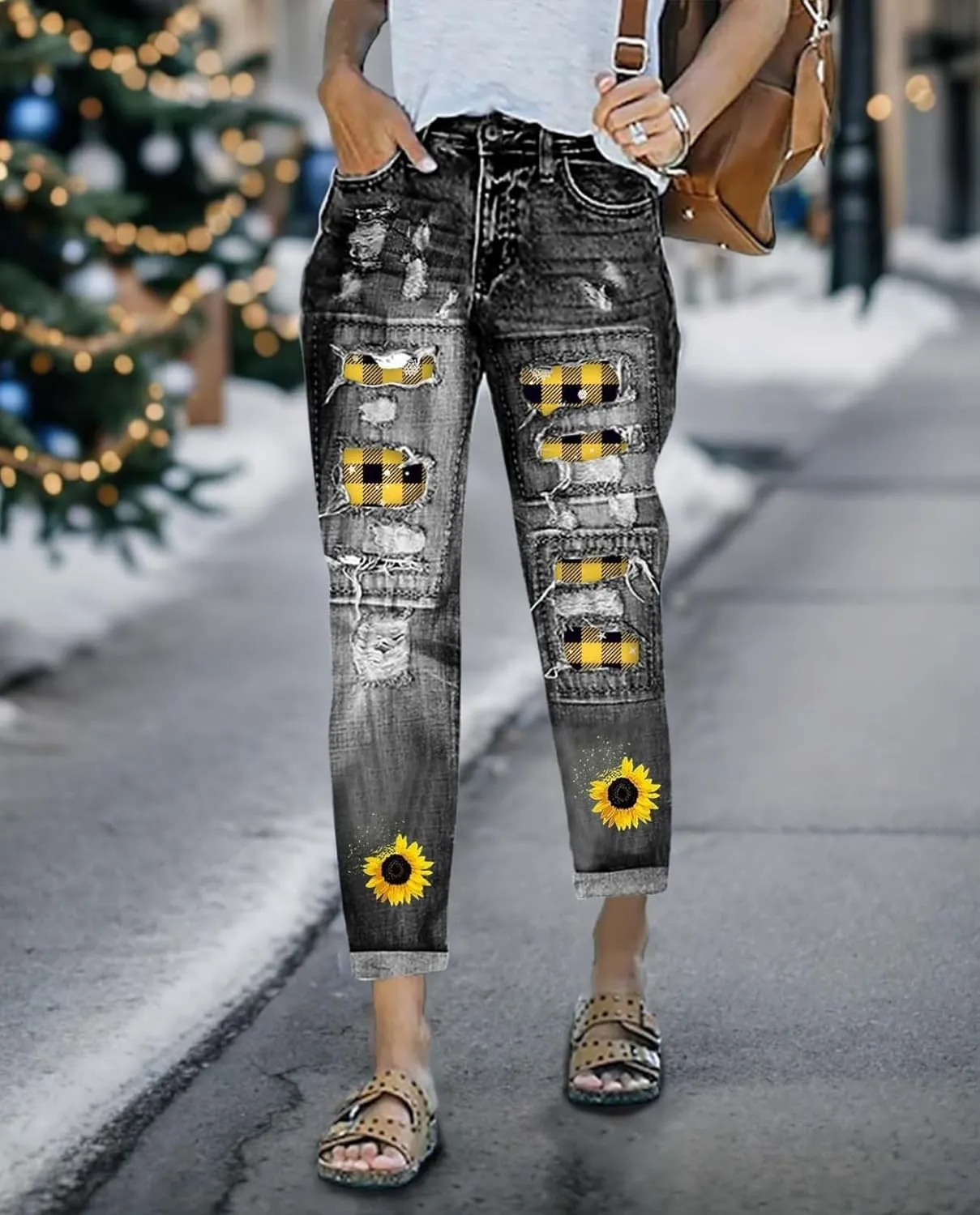 Plus Size Boyfriend Jeans for Women Trendy Cowboy Patch Work Distressed Jeans Casual Baggy Ripped Bling Blue Pants