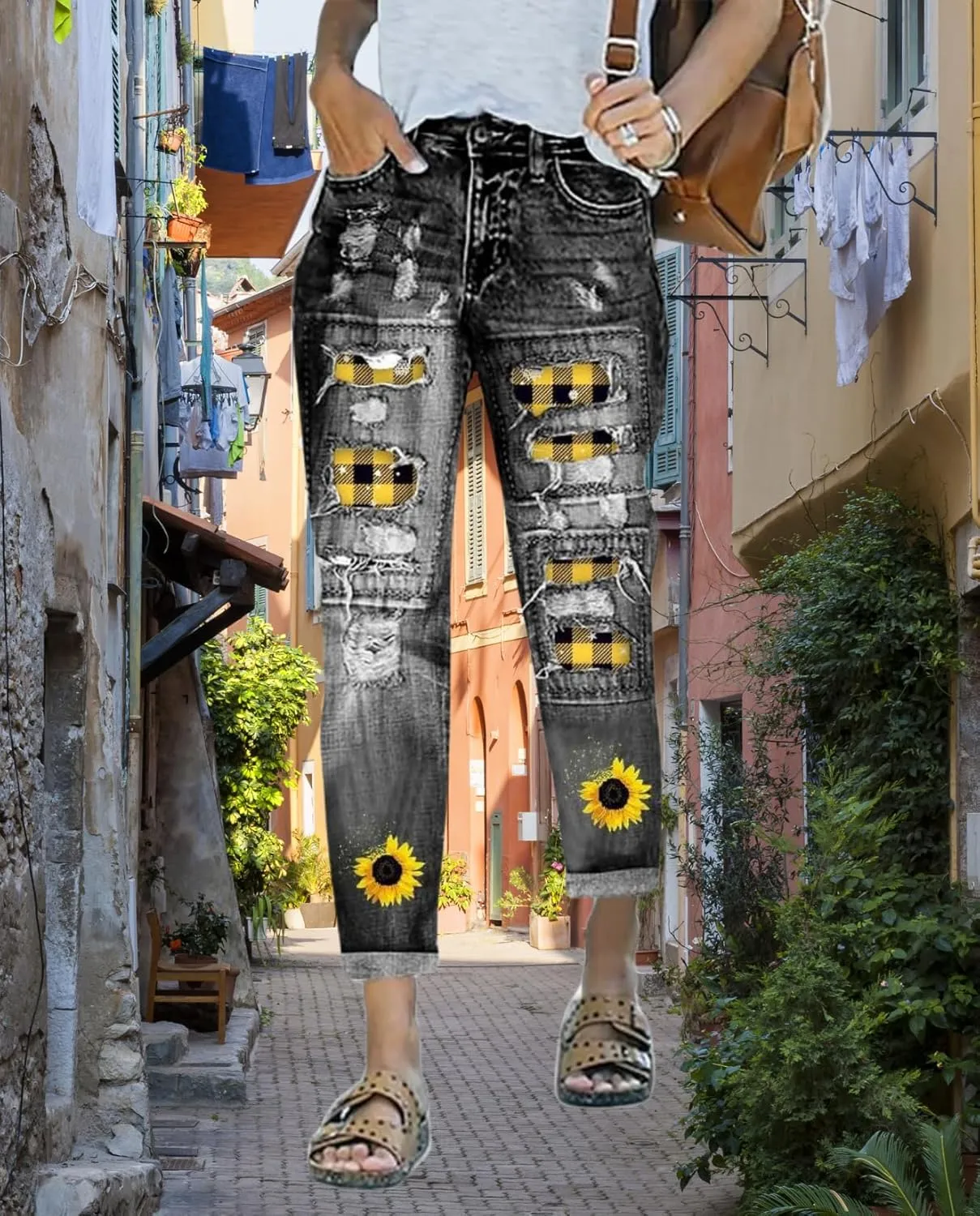 Plus Size Boyfriend Jeans for Women Trendy Cowboy Patch Work Distressed Jeans Casual Baggy Ripped Bling Blue Pants