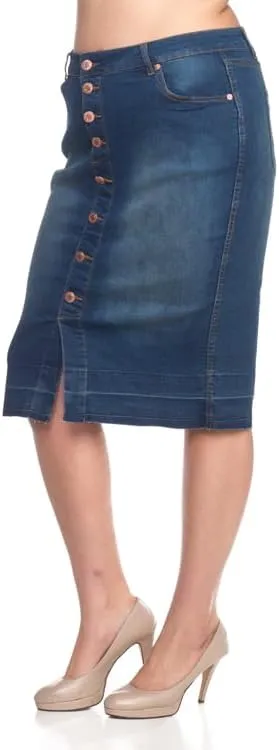 Plus Size Button Front Denim Midi Skirt, Vintage Wash, Knee Length