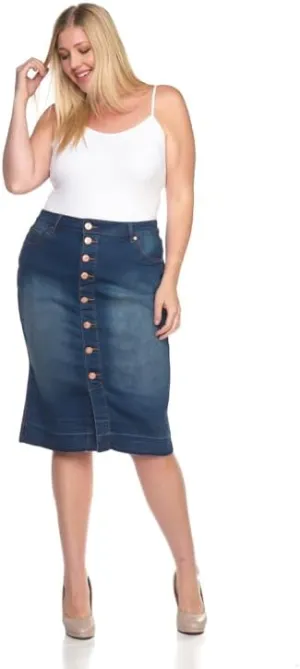 Plus Size Button Front Denim Midi Skirt, Vintage Wash, Knee Length