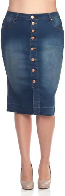 Plus Size Button Front Denim Midi Skirt, Vintage Wash, Knee Length