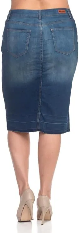 Plus Size Button Front Denim Midi Skirt, Vintage Wash, Knee Length