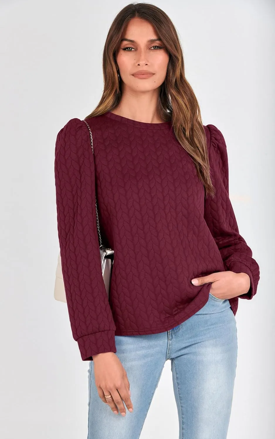 PRETTYGARDEN Women's Puff Sleeve Sweatshirts 2024 Fall Fashion Casual Crewneck Solid Twist Texture Pullover Tops