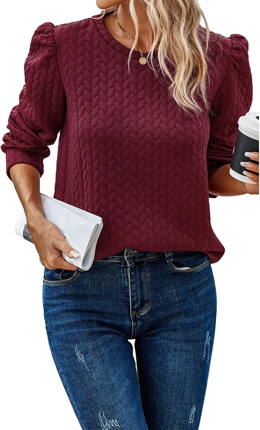 PRETTYGARDEN Women's Puff Sleeve Sweatshirts 2024 Fall Fashion Casual Crewneck Solid Twist Texture Pullover Tops