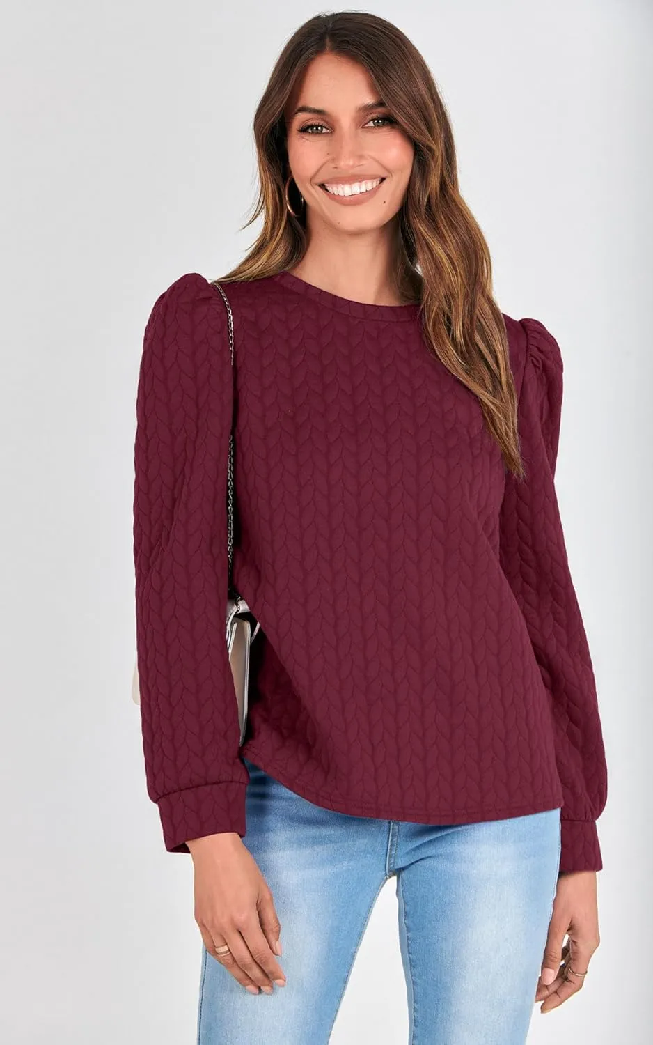 PRETTYGARDEN Women's Puff Sleeve Sweatshirts 2024 Fall Fashion Casual Crewneck Solid Twist Texture Pullover Tops