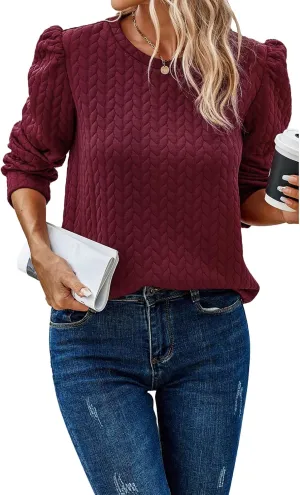 PRETTYGARDEN Women's Puff Sleeve Sweatshirts 2024 Fall Fashion Casual Crewneck Solid Twist Texture Pullover Tops