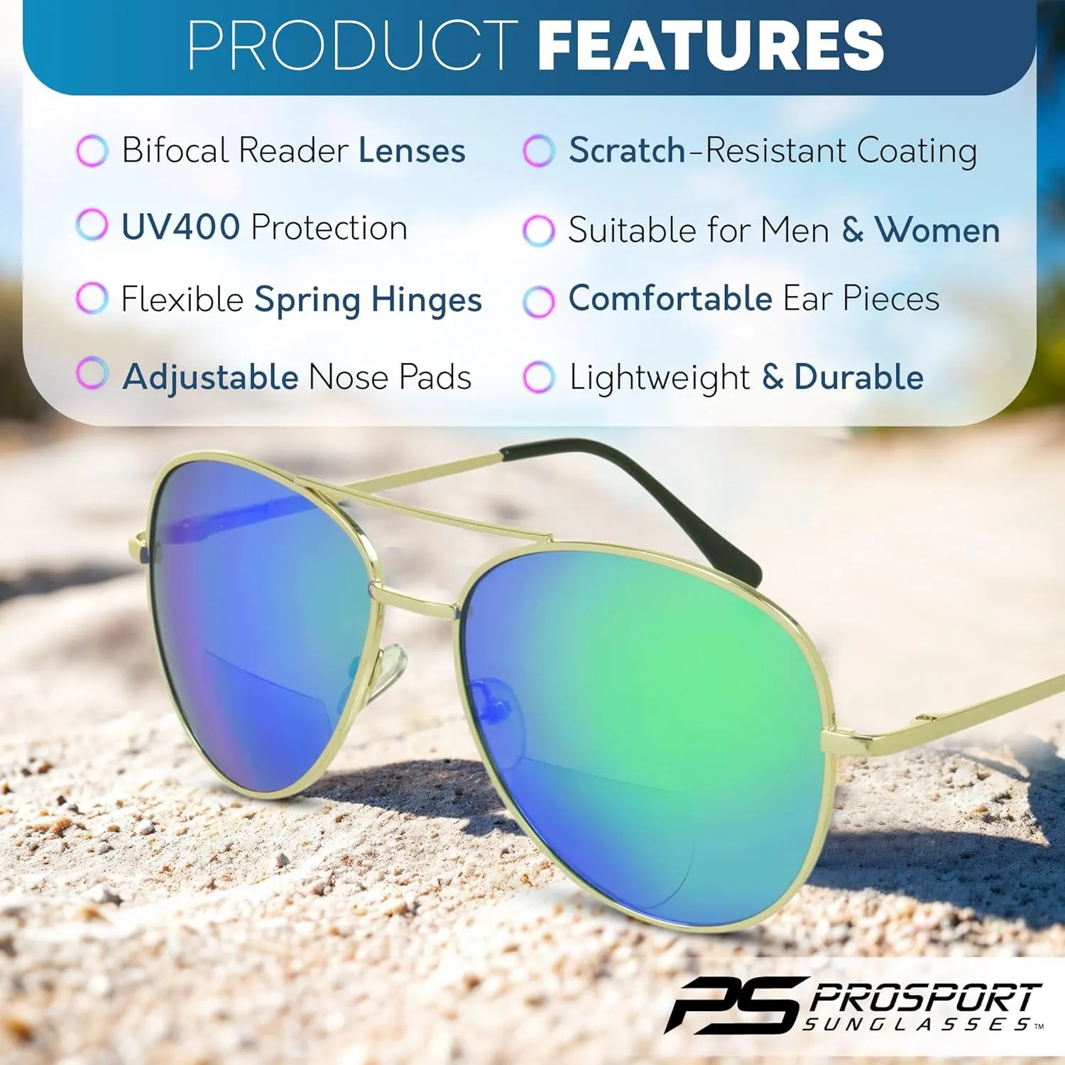 proSPORT Aviator Bifocal Sunglass Reader Flashed Mirror Lens Men Women