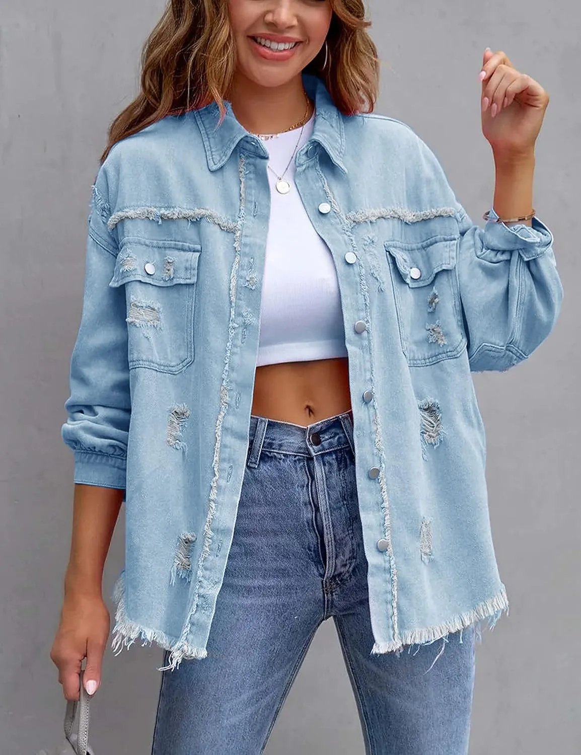 PUWEI Ripped Fringe Jean Jacket Women Distressed Washed Button Down Frayed Denim Shacket with Pocket