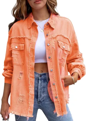 PUWEI Ripped Fringe Jean Jacket Women Distressed Washed Button Down Frayed Denim Shacket with Pocket
