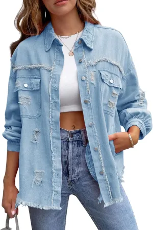PUWEI Ripped Fringe Jean Jacket Women Distressed Washed Button Down Frayed Denim Shacket with Pocket