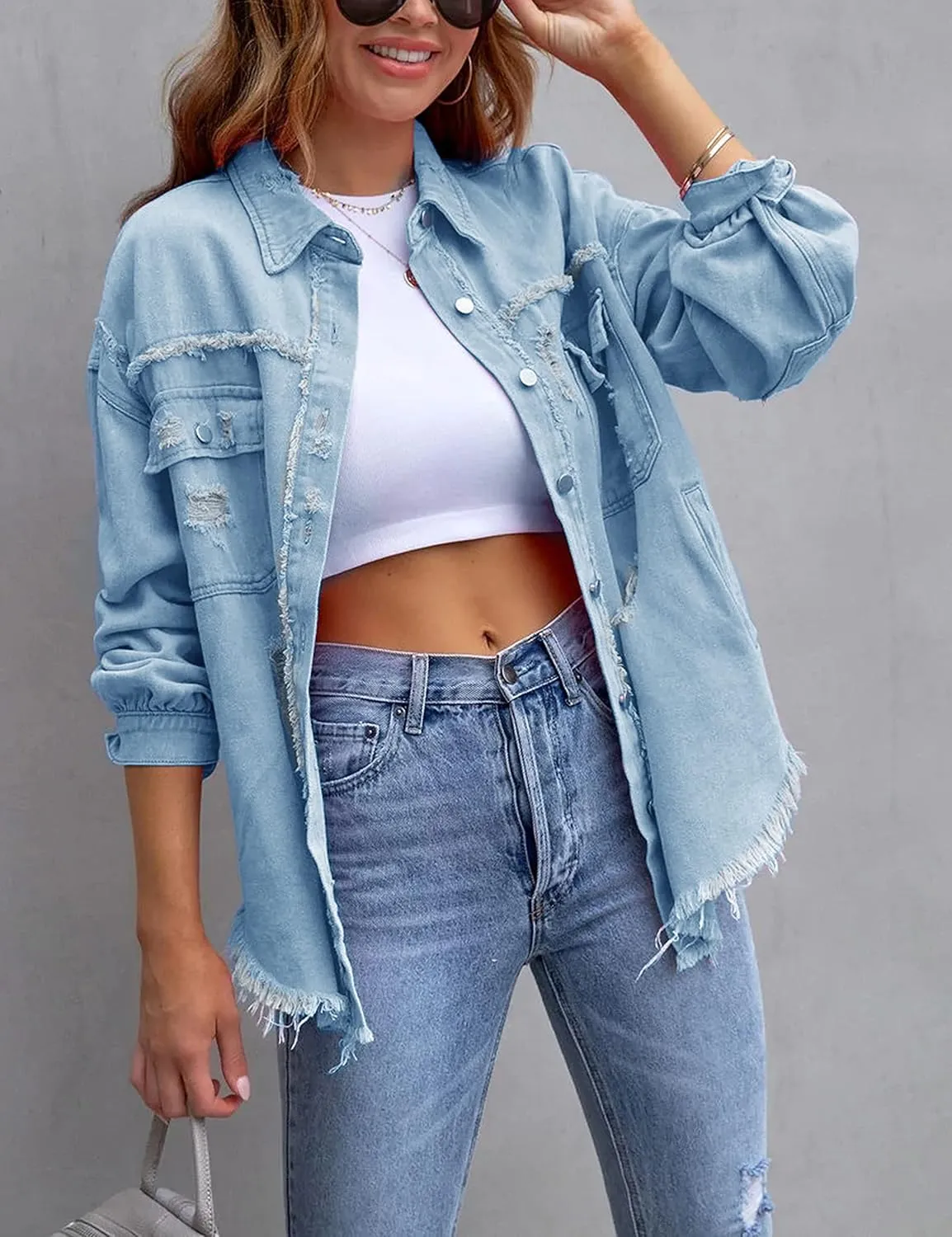 PUWEI Ripped Fringe Jean Jacket Women Distressed Washed Button Down Frayed Denim Shacket with Pocket