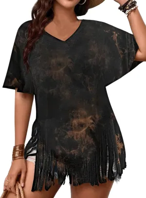 Remidoo Womens Fringe Hem Short Sleeve Round Neck T Shirt Oversized Tee Top