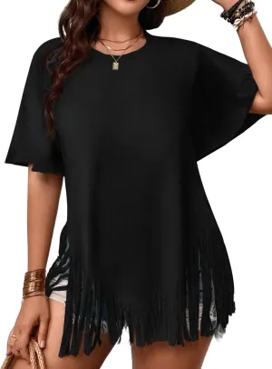 Remidoo Womens Fringe Hem Short Sleeve Round Neck T Shirt Oversized Tee Top