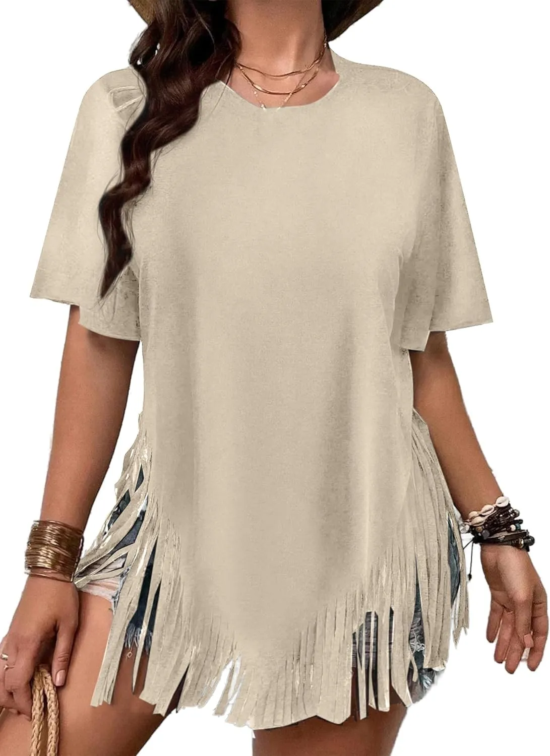 Remidoo Womens Fringe Hem Short Sleeve Round Neck T Shirt Oversized Tee Top