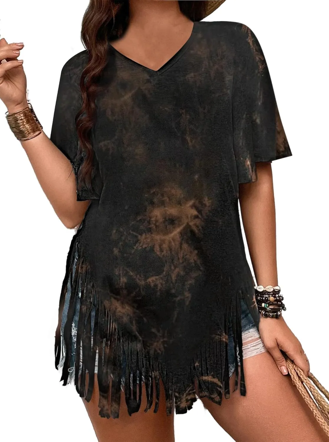 Remidoo Womens Fringe Hem Short Sleeve Round Neck T Shirt Oversized Tee Top