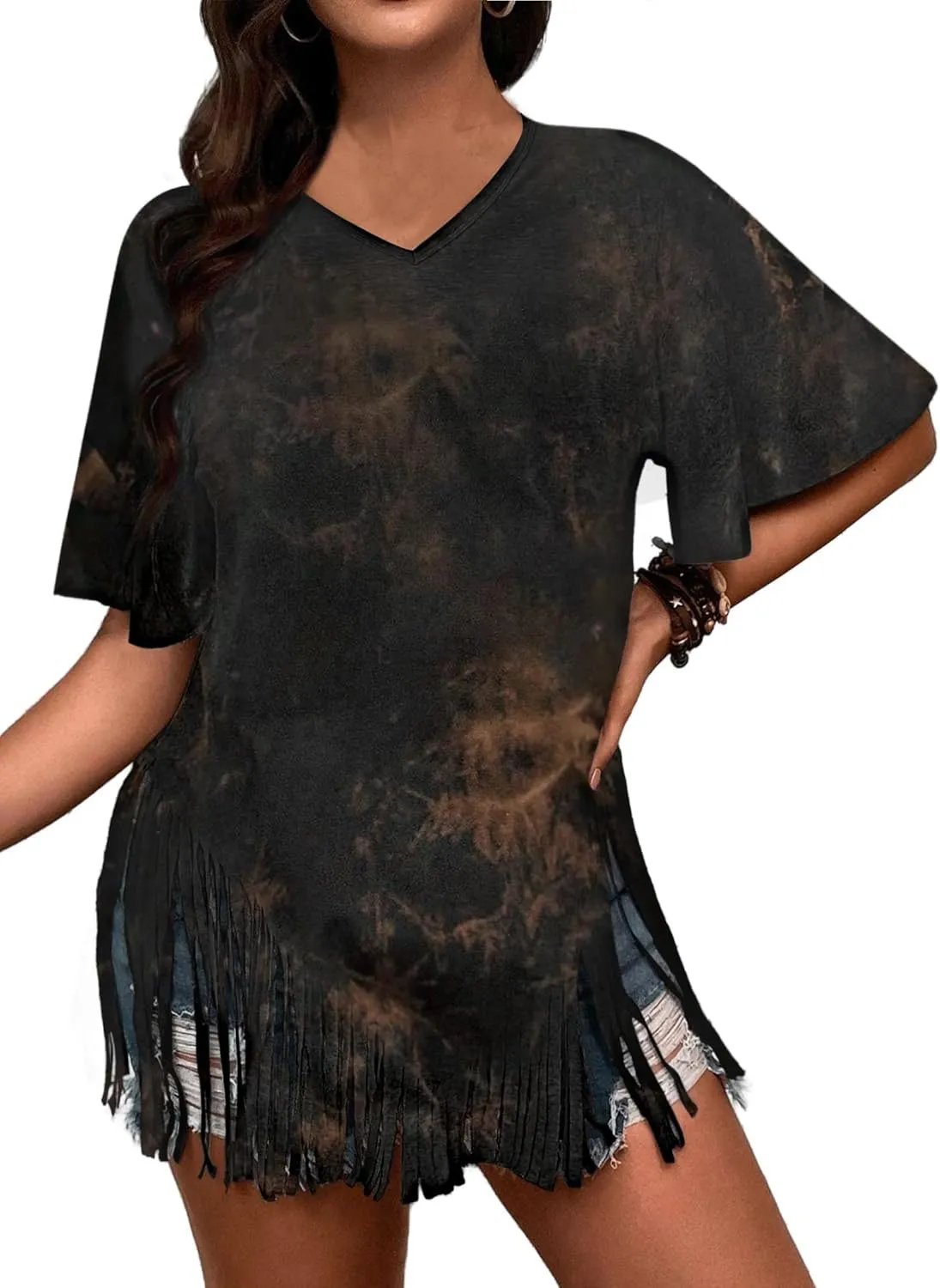 Remidoo Womens Fringe Hem Short Sleeve Round Neck T Shirt Oversized Tee Top