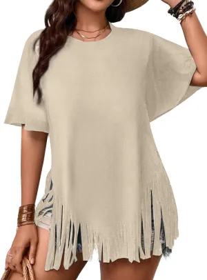 Remidoo Womens Fringe Hem Short Sleeve Round Neck T Shirt Oversized Tee Top