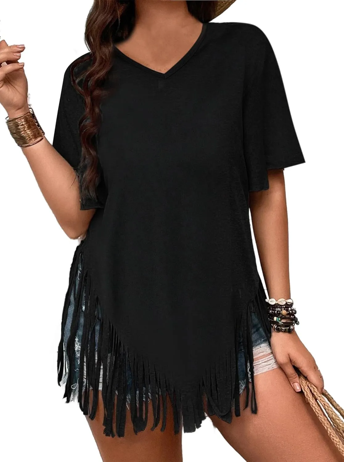 Remidoo Womens Fringe Hem Short Sleeve Round Neck T Shirt Oversized Tee Top