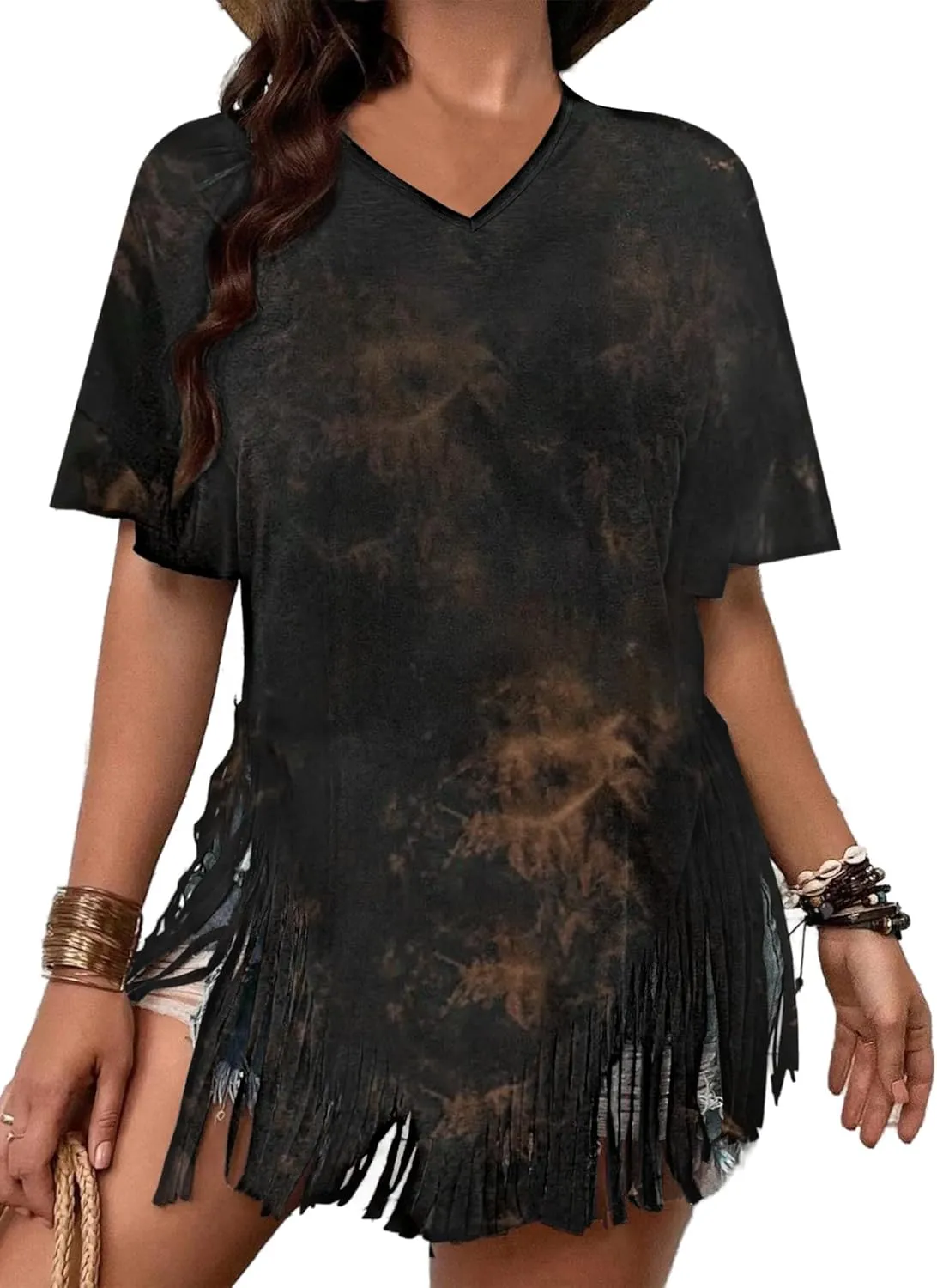 Remidoo Womens Fringe Hem Short Sleeve Round Neck T Shirt Oversized Tee Top