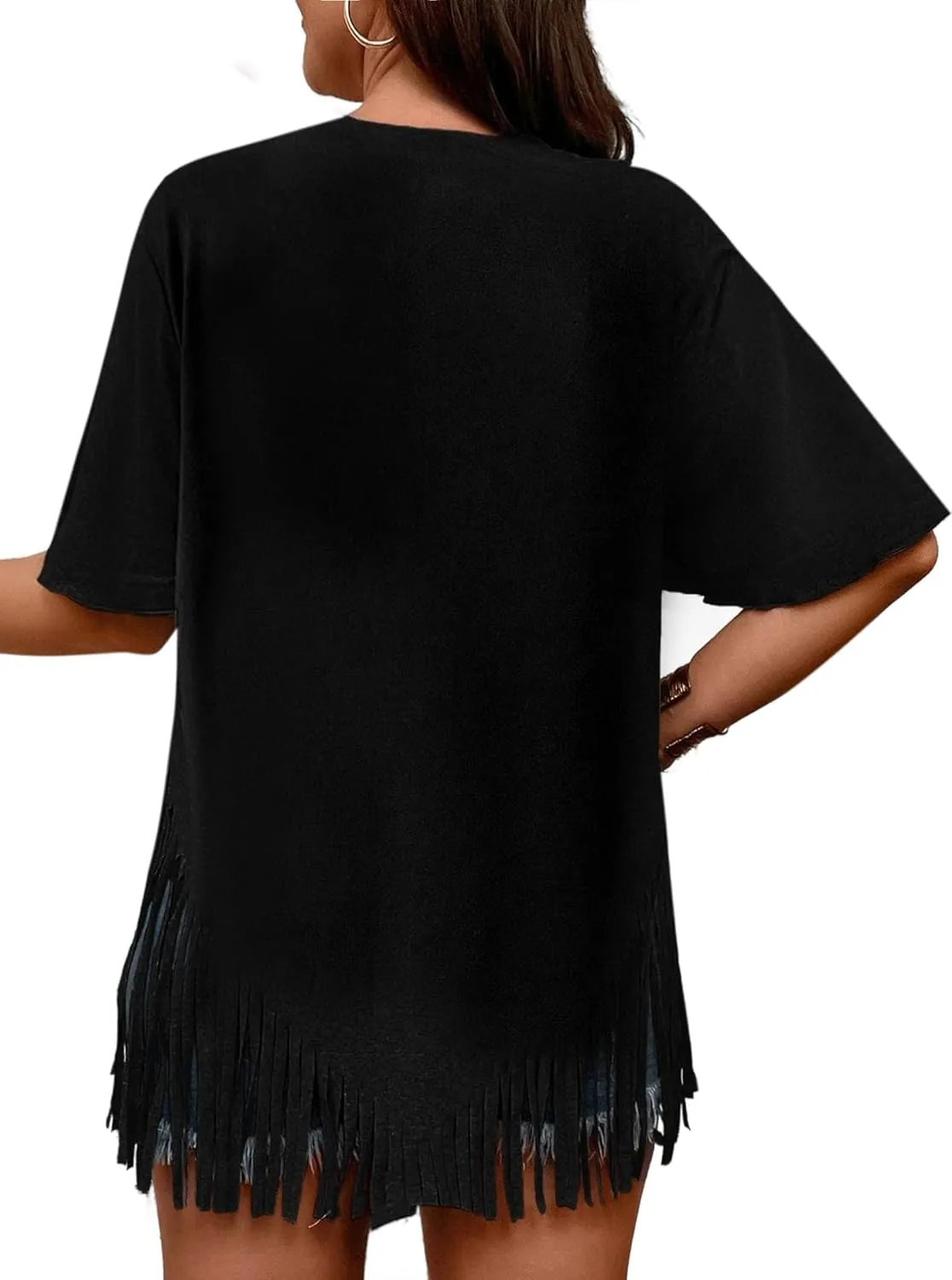 Remidoo Womens Fringe Hem Short Sleeve Round Neck T Shirt Oversized Tee Top