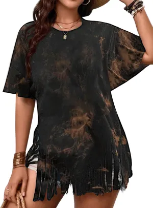Remidoo Womens Fringe Hem Short Sleeve Round Neck T Shirt Oversized Tee Top