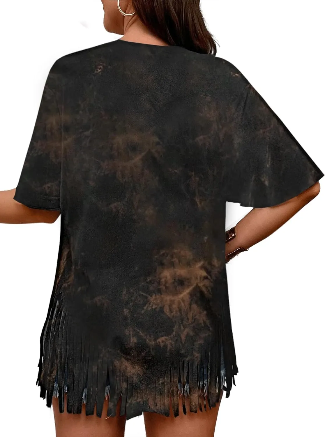 Remidoo Womens Fringe Hem Short Sleeve Round Neck T Shirt Oversized Tee Top