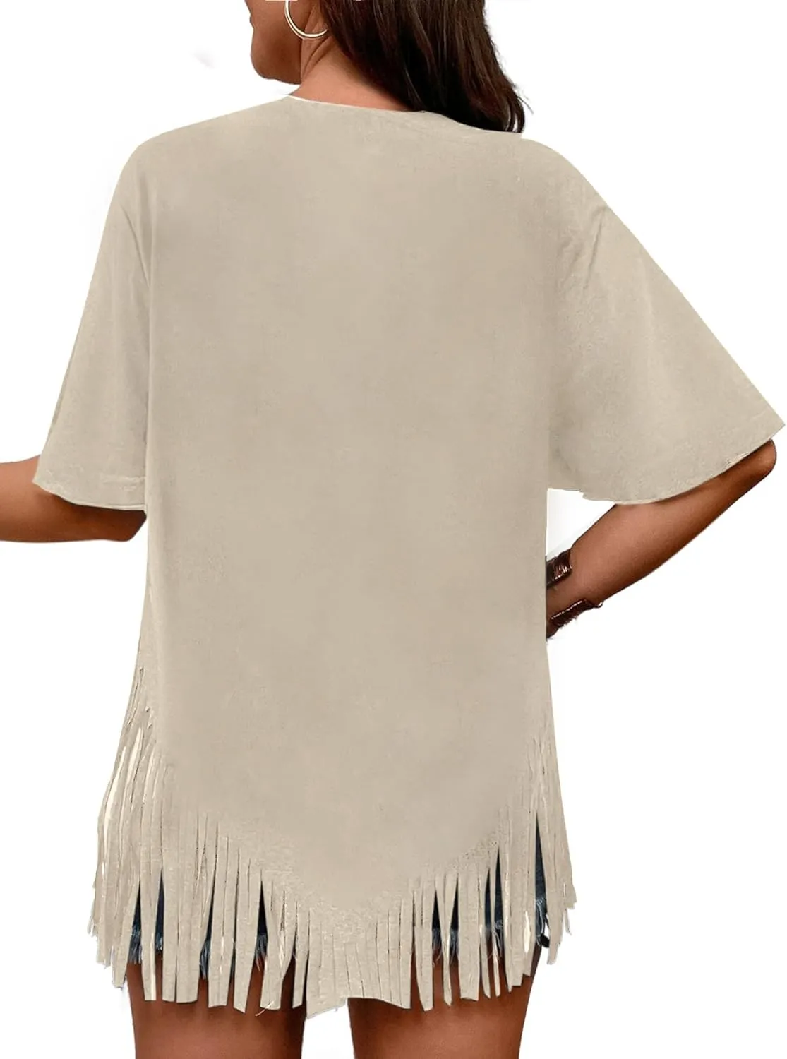 Remidoo Womens Fringe Hem Short Sleeve Round Neck T Shirt Oversized Tee Top